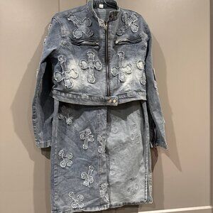 Cross Patch Denim Jean Maxi Skirt with Matching Jacket Large